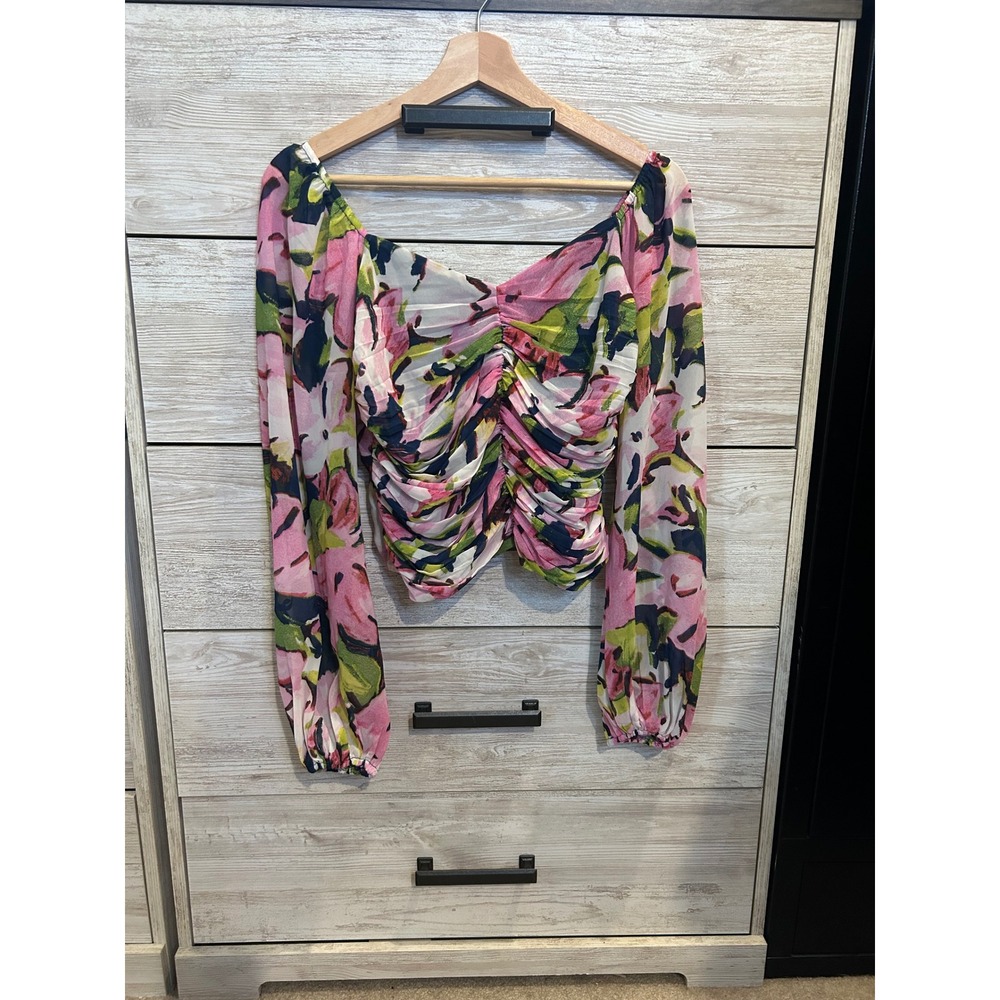 Abercrombie & Fitch Floral Ruched Smocked Long Sleeve Crop Top Pink Green Medium - Picture 2 of 6